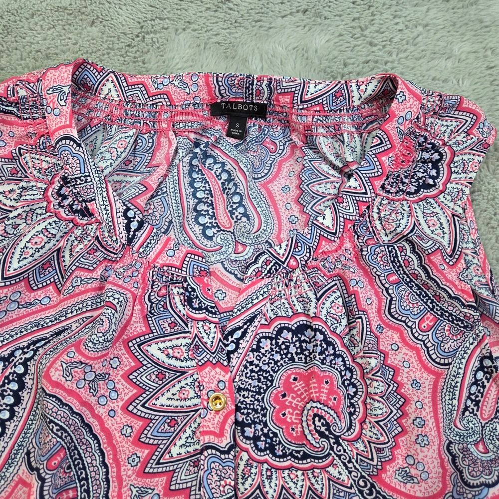 Talbots Sleeveless Blouse Womens S Paisley Print Button Front Pink Blue Multi